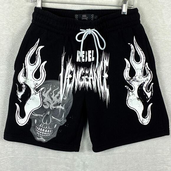 Rebel Vengeance Sweat Shorts Men M Black Skull MMA Jiu-Jitsu Distressed Metal - Picture 1 of 7